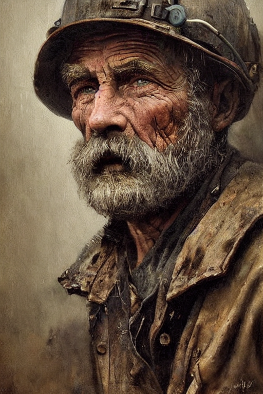 a portrait of an old coal miner in 19th century, b...